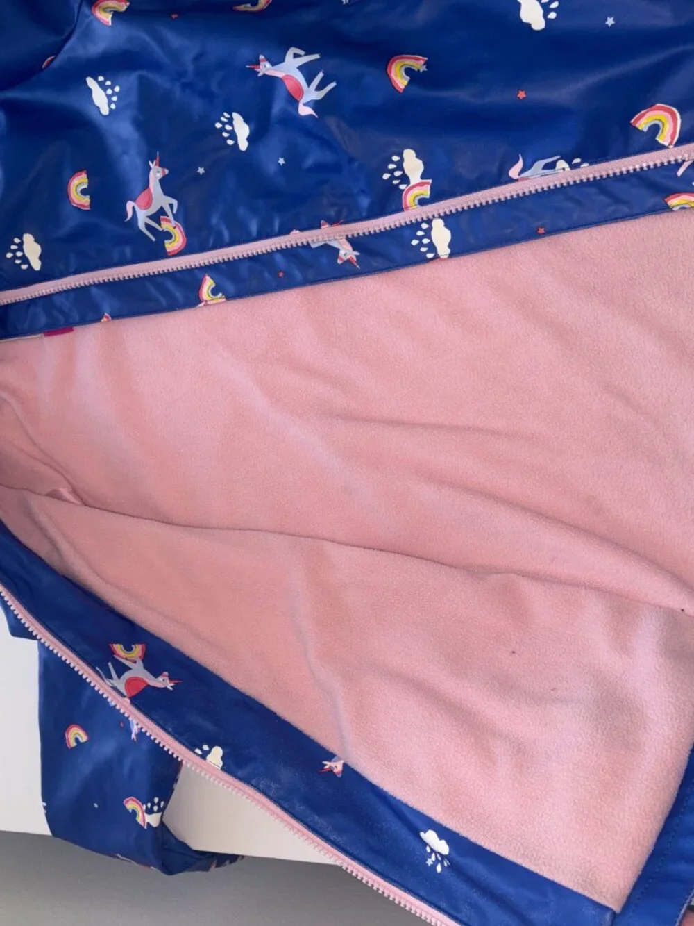 Joules Blue Raindance Unicorn Rubber Lined Hooded Rainbow Raincoat 7-8Y